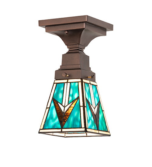 Valencia Turquoise mission flush mount angled view with geometric stained glass pattern