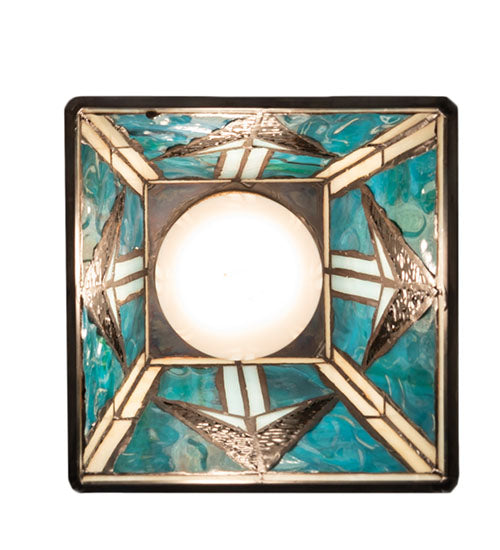 Valencia Turquoise Mission Flush mount underside view showing bulb and stained glass panel arrangement