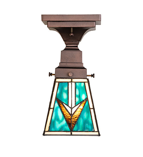 Valencia Turquoise Flush mount ceiling light front view with stained glass shade and bronze mount