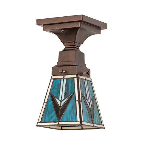 Valencia Mission Flush mount unlit showing turquoise stained glass shade and bronze fixture