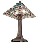 Valencia Turquoise Mission table lamp underside view showing dual bulbs and stained glass shade detail