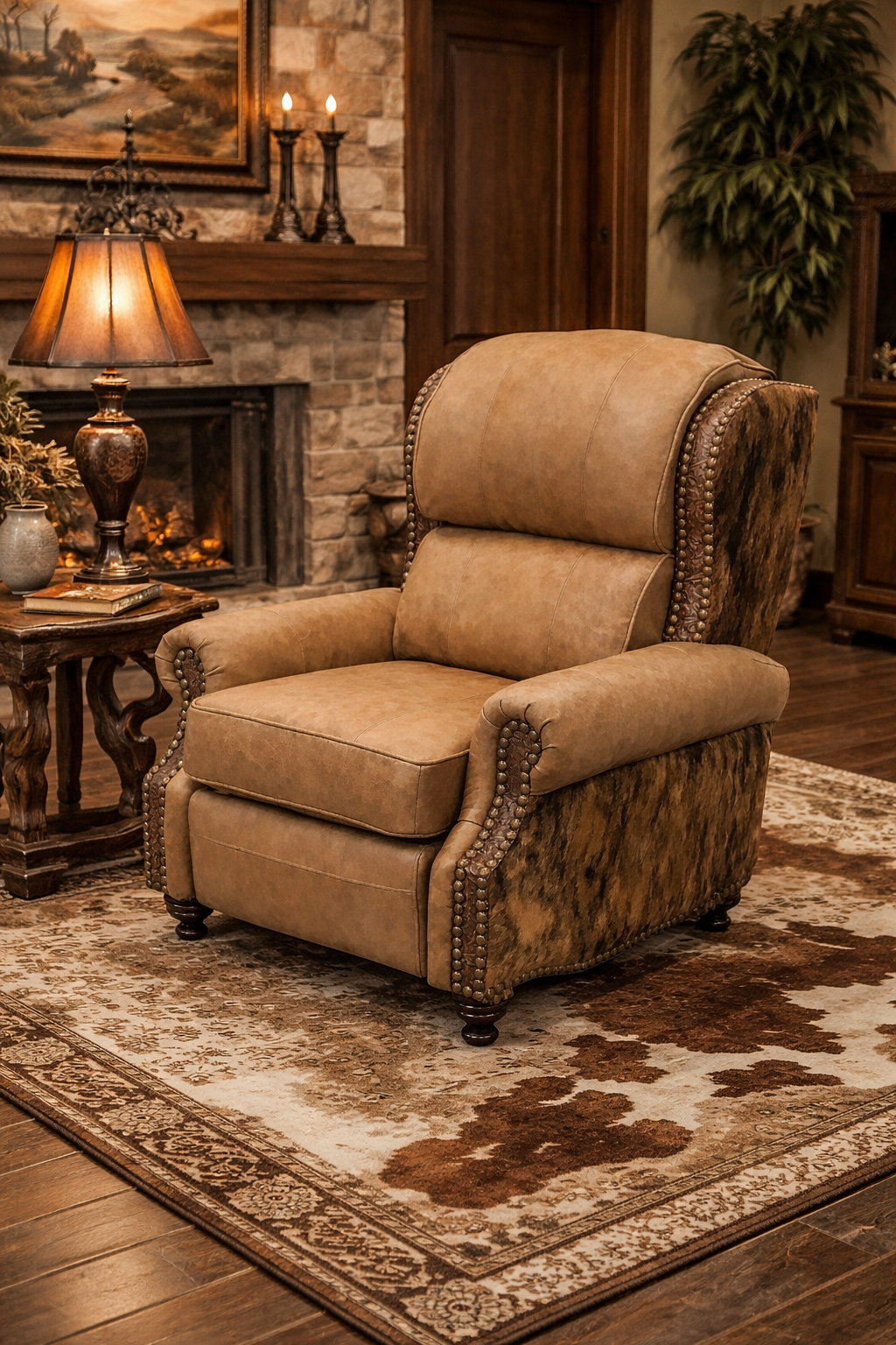 American-made Western leather recliner with brindle cowhide sides and nailhead trim in luxury ranch living room