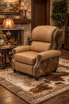 American-made Western leather recliner with brindle cowhide sides and nailhead trim in luxury ranch living room