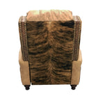 Back view of western leather recliner with brindle cowhide back, nail trim, and embossed leather accents 