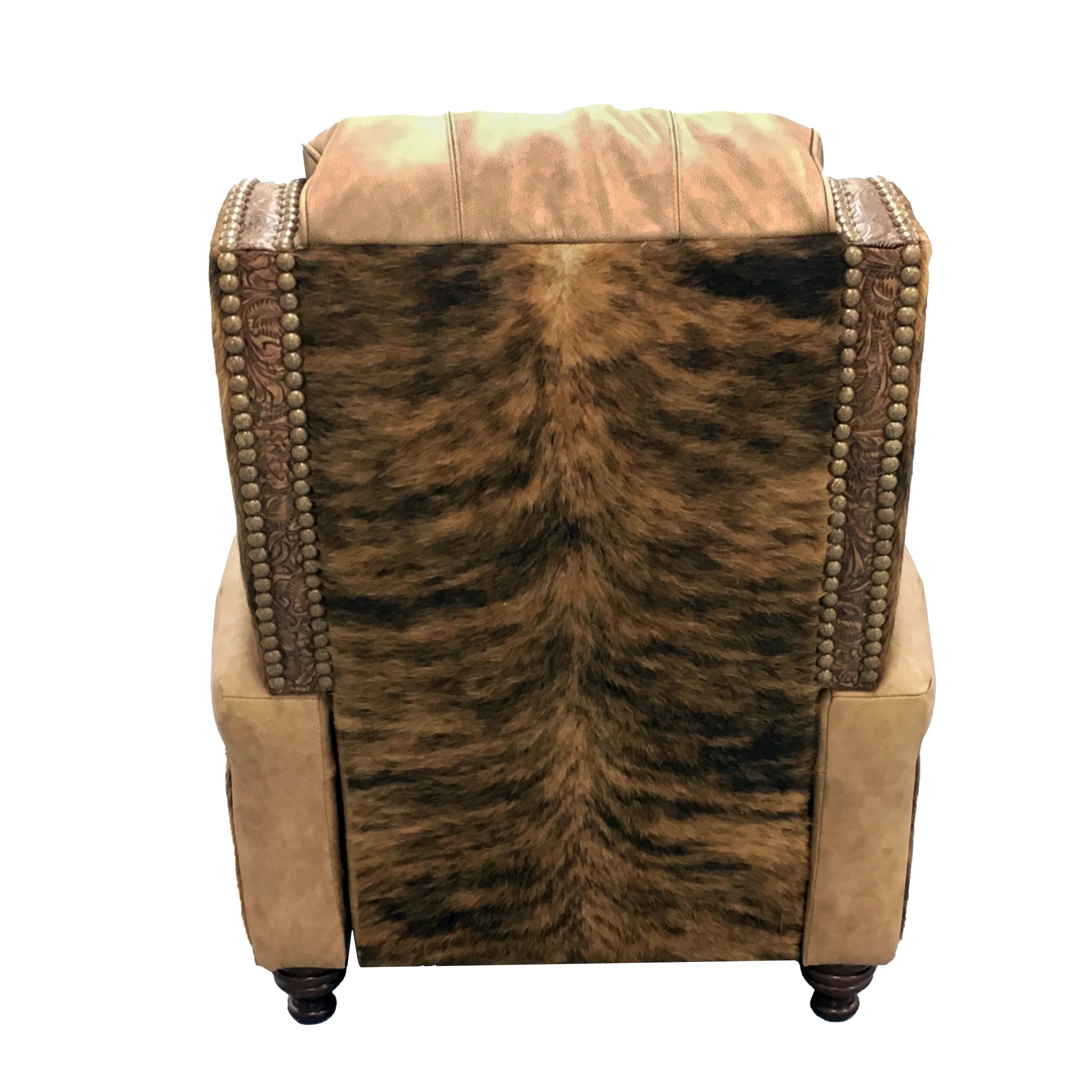 Back view of western leather recliner with brindle cowhide back, nail trim, and embossed leather accents 
