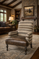 Luxury lodge style woven tribal stripe fabric and leather armchair in brown tones 