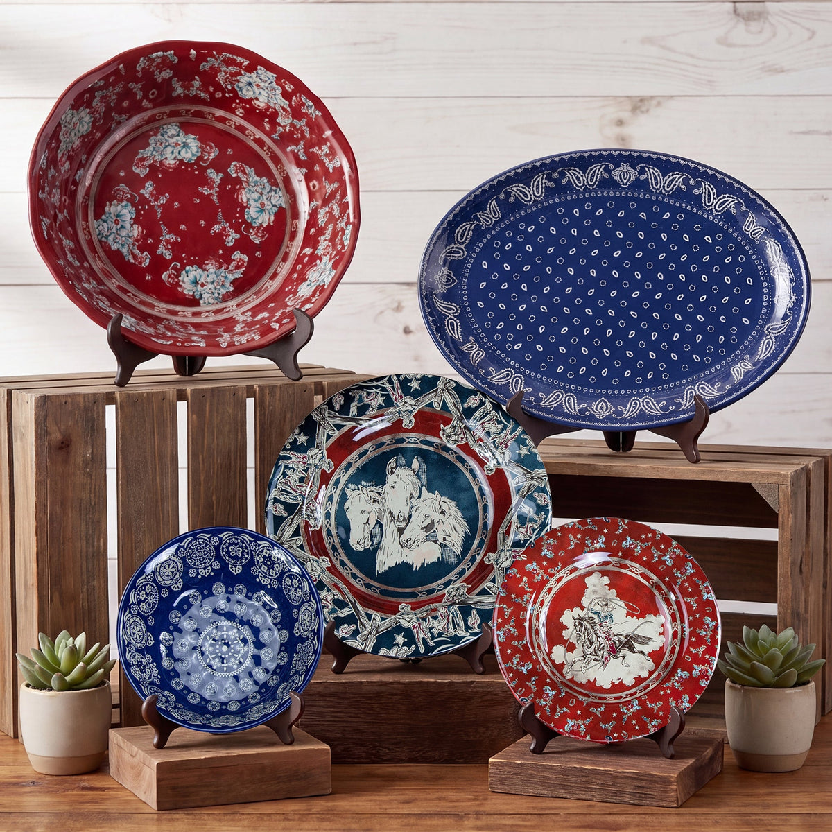 Western Americana melamine dinnerware set with horses, cowboy artwork, and red and blue bandana patterns