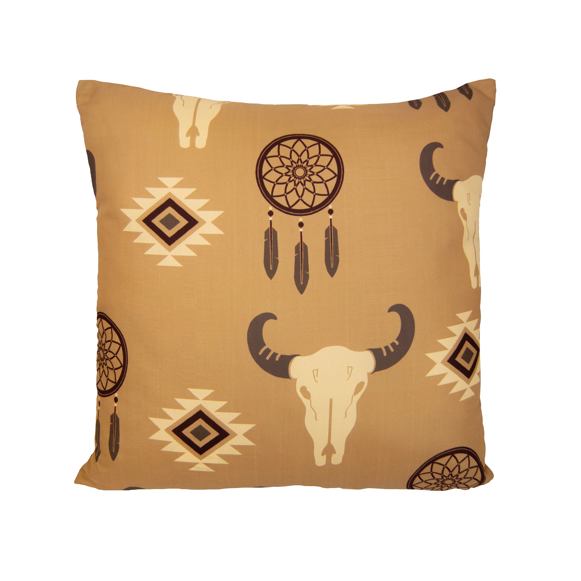 Western Skull Throw Pillow - Aztec Print, Skulls & Dream Catcher Design - Square - Tan Pillow - Your Western Decor