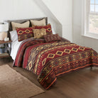 Western Tapestry Quilt Set - 3 Piece set - Geometric design - Burgundy red, tan, browns & orange - Your Western Decor