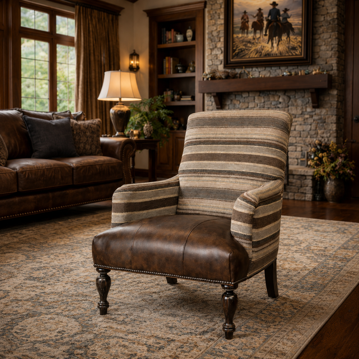Western Tribal Stripe Leather Accent Chair styled in a cozy rustic living room with a stone fireplace, dark wood beams, warm lighting, and western-inspired decor. The accent chair features striped neutral upholstery, rich brown leather seating, nailhead trim, and turned wood legs, creating a refined lodge-style look.