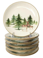 Wild Evergreen Bread & Butter Plate - Set/6 featuring water colors of deer and pine trees over an off-white background, made in Italy 
