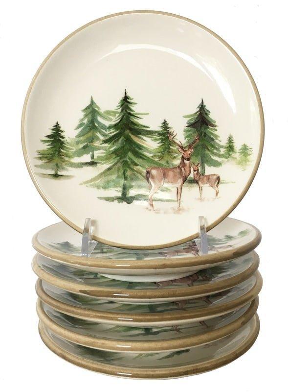 Wild Evergreen Bread & Butter Plate - Set/6 featuring water colors of deer and pine trees over an off-white background, made in Italy 