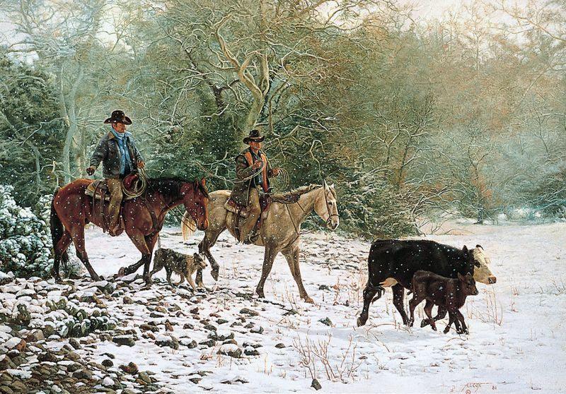 Winter Round-up Western Art cowboys brining in heifer and calf - Your Western Decor