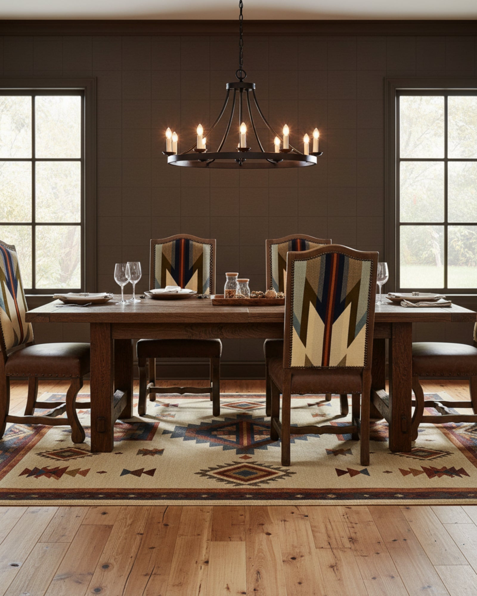 Dining room with Wyeth Trails Fabric and leather dining chairs - Your Western decor