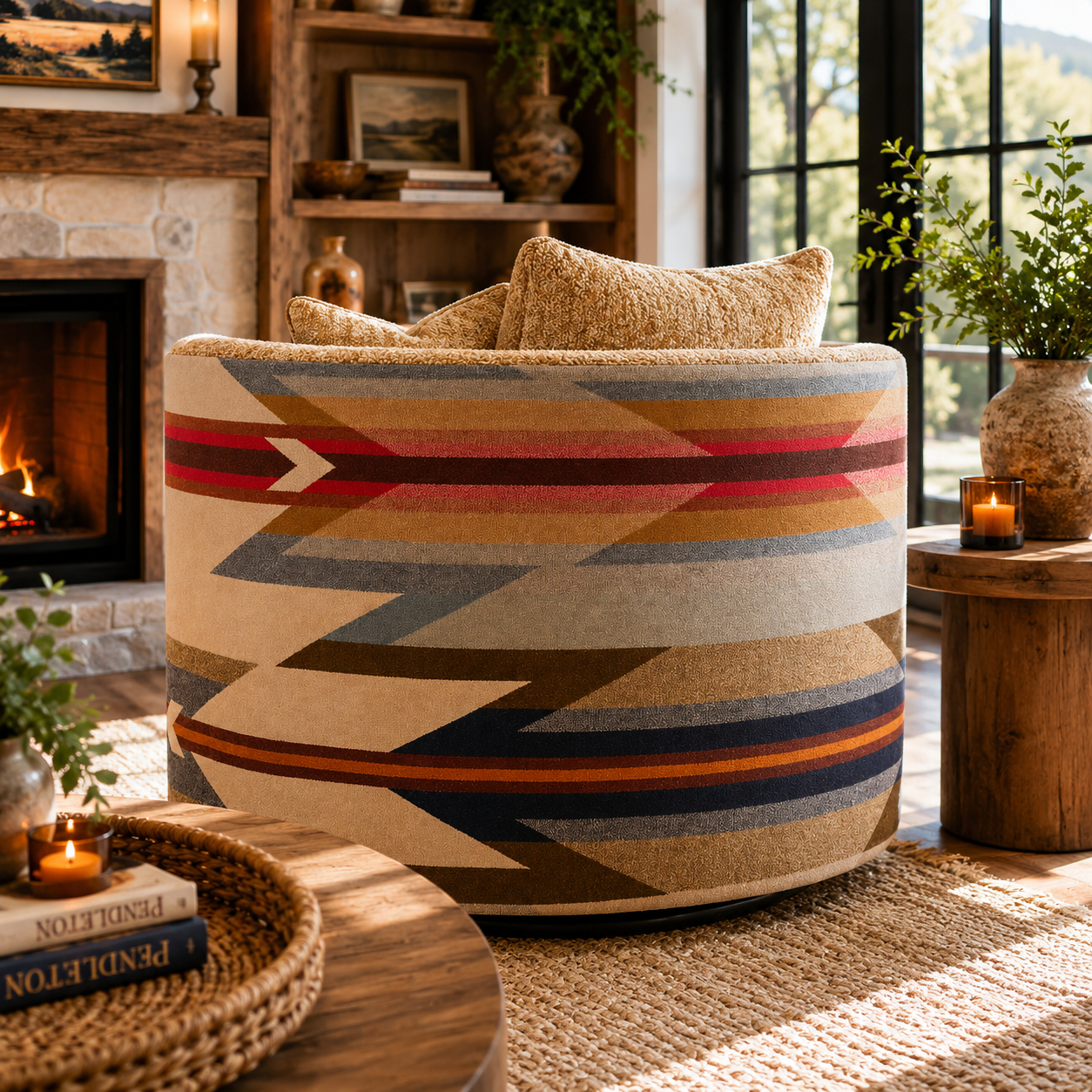 Back view of the Wyeth Trails Swivel Chair showcasing the bold Pendleton® Wyeth Trails fabric pattern in a rustic Western-inspired living space.