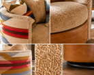 Close-up details of the Wyeth Trails Swivel Chair highlighting Pendleton® fabric accents, textured chenille upholstery, premium leather base, and artisan craftsmanship.