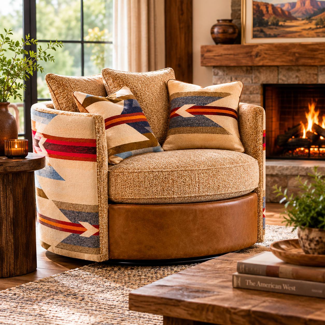 Wyeth Trails Swivel Chair featuring authentic Pendleton® geometric fabric, textured chenille upholstery, and a leather swivel base styled in a warm Western living room.