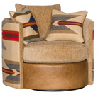 Wyeth Trails Swivel Chair with Pendleton® geometric fabric, plush chenille upholstery, coordinating accent pillows, and a leather swivel base.