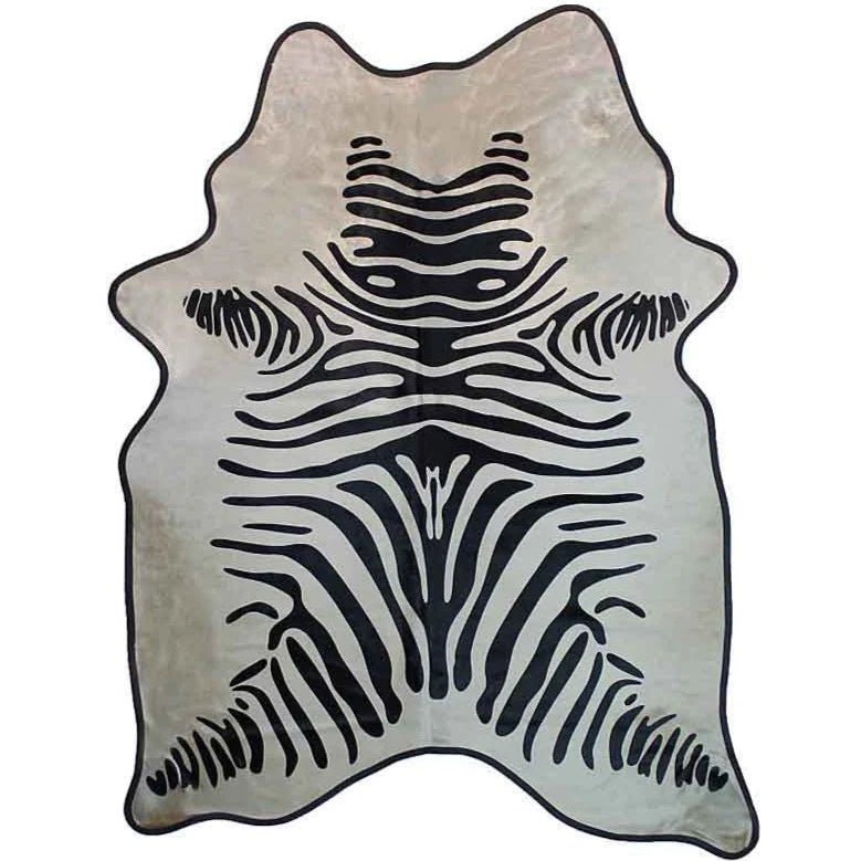 Leather trimmed zebra stenciled cowhide rug - Your Western Decor