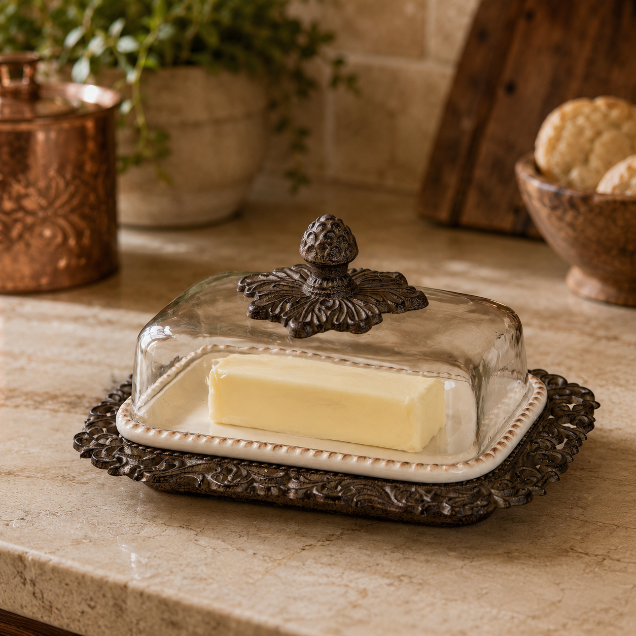 Elegant butter dish displayed on an Old World kitchen countertop.