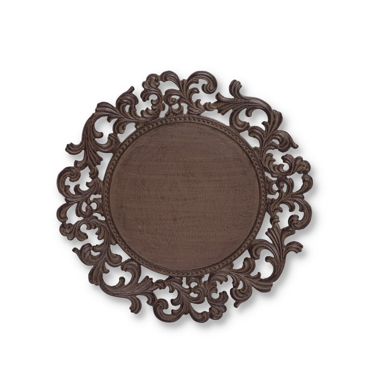 Decorative brown acanthus charger plate with intricate patterns on a white background