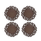 Four round dark brown decorative charger plates with ornate carved scrollwork borders, arranged in a two-by-two grid on a white background.
