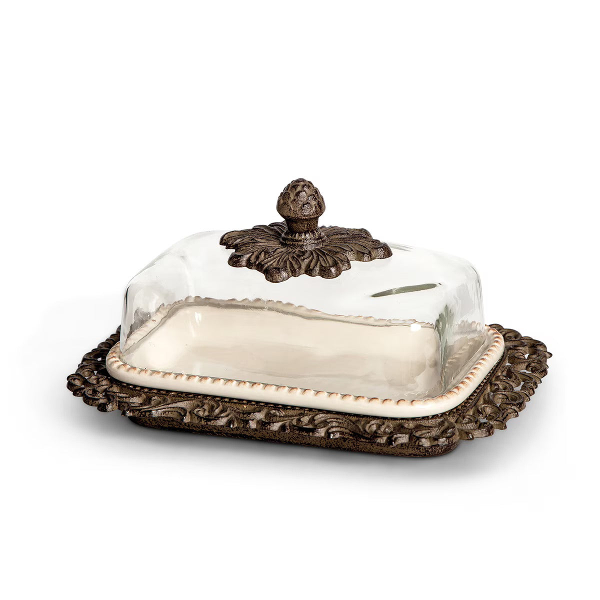 Acanthus Estate Butter Dish with glass cover and decorative cast metal base.