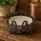 Decorative salad plate holder displayed on an Old World kitchen countertop with Acanthus Estate salad plates.