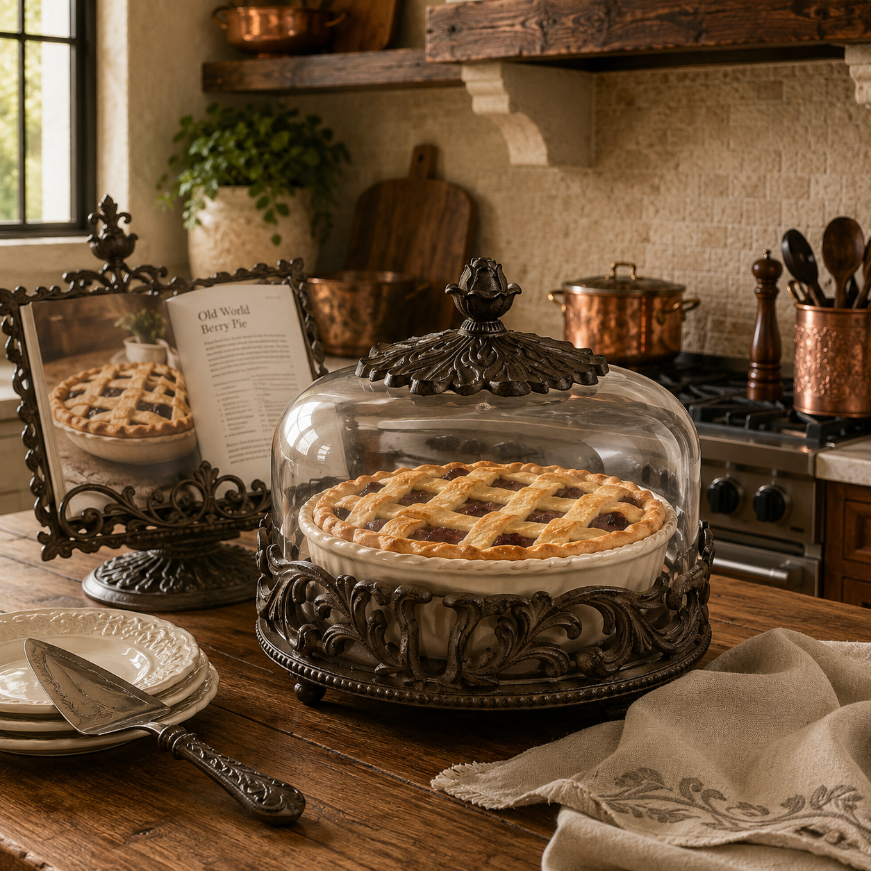 Fresh baked pie displayed in the Acanthus Estate Stoneware Pie Baker & Server on a rustic kitchen countertop.