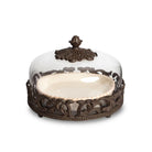 Acanthus Estate Stoneware Pie Baker & Server with decorative cast metal base and glass dome.