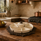 Acanthus Estate Crudité Server displayed on reclaimed wood kitchen island in an Old World kitchen.