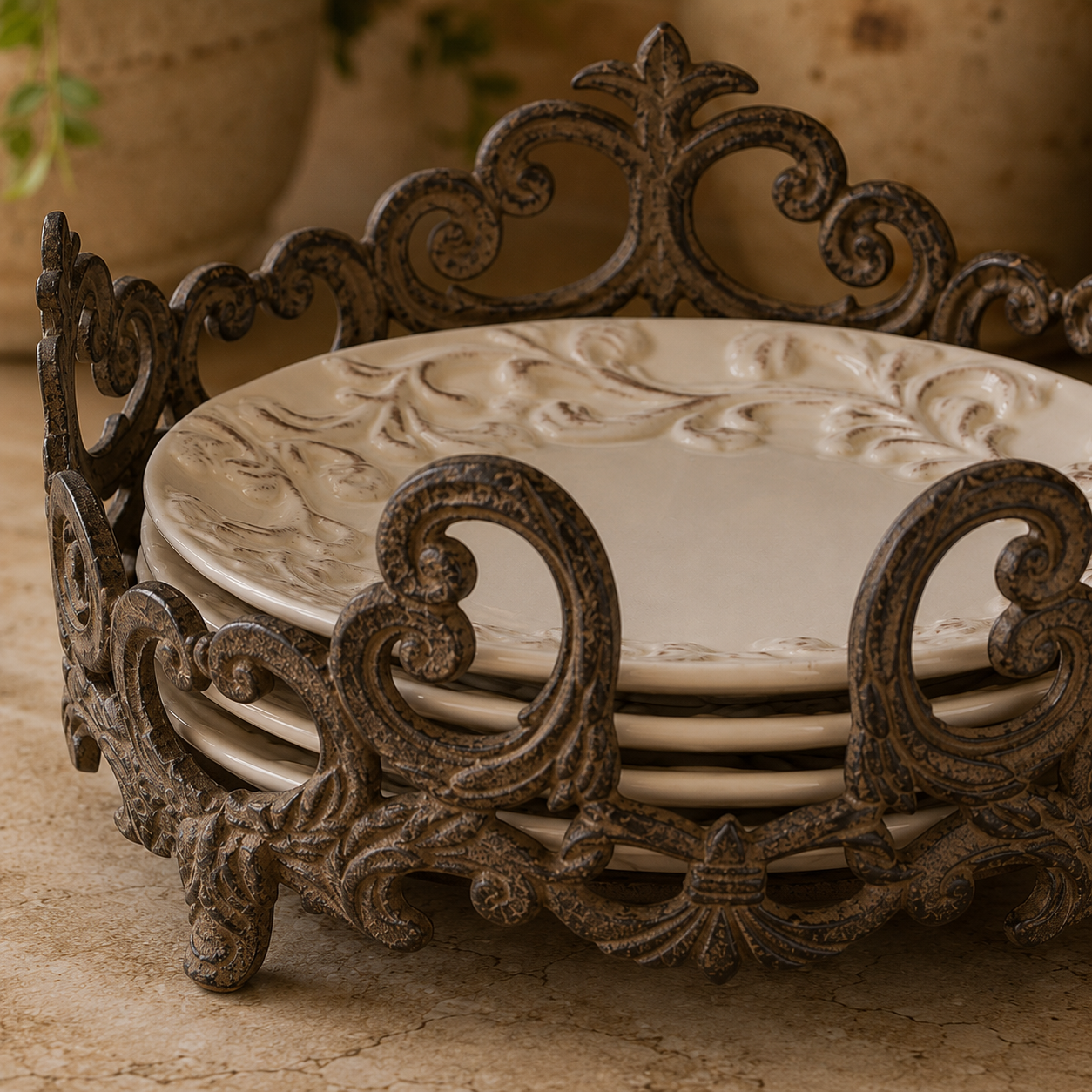 Close-up of intricate acanthus leaf scrollwork on the cast iron plate stand.