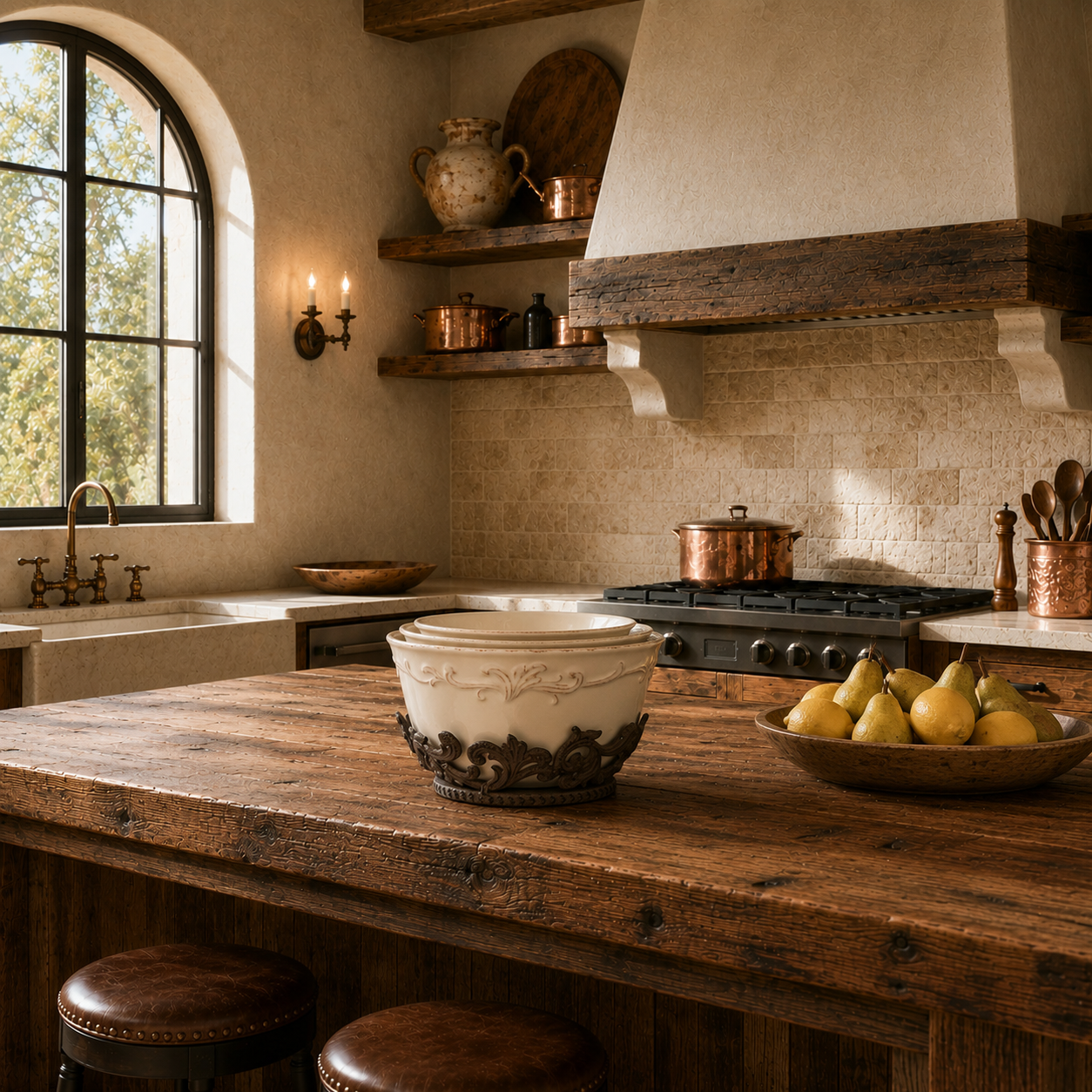 Acanthus Estate Stoneware Nesting Bowl Set with decorative iron stand on reclaimed wood kitchen island.