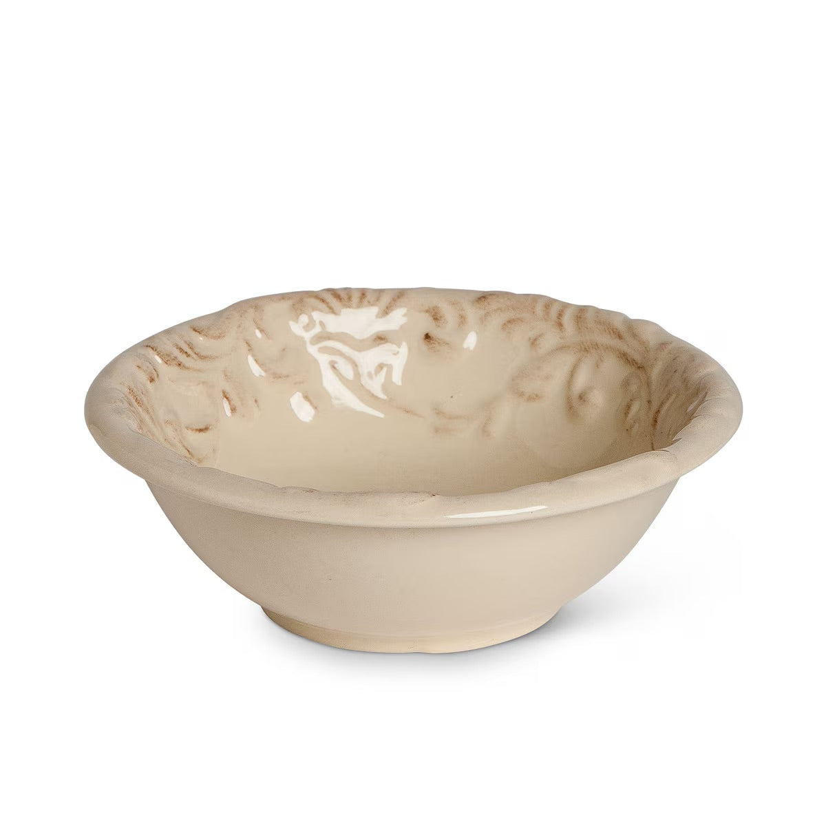 Embossed cream stoneware dessert bowl.