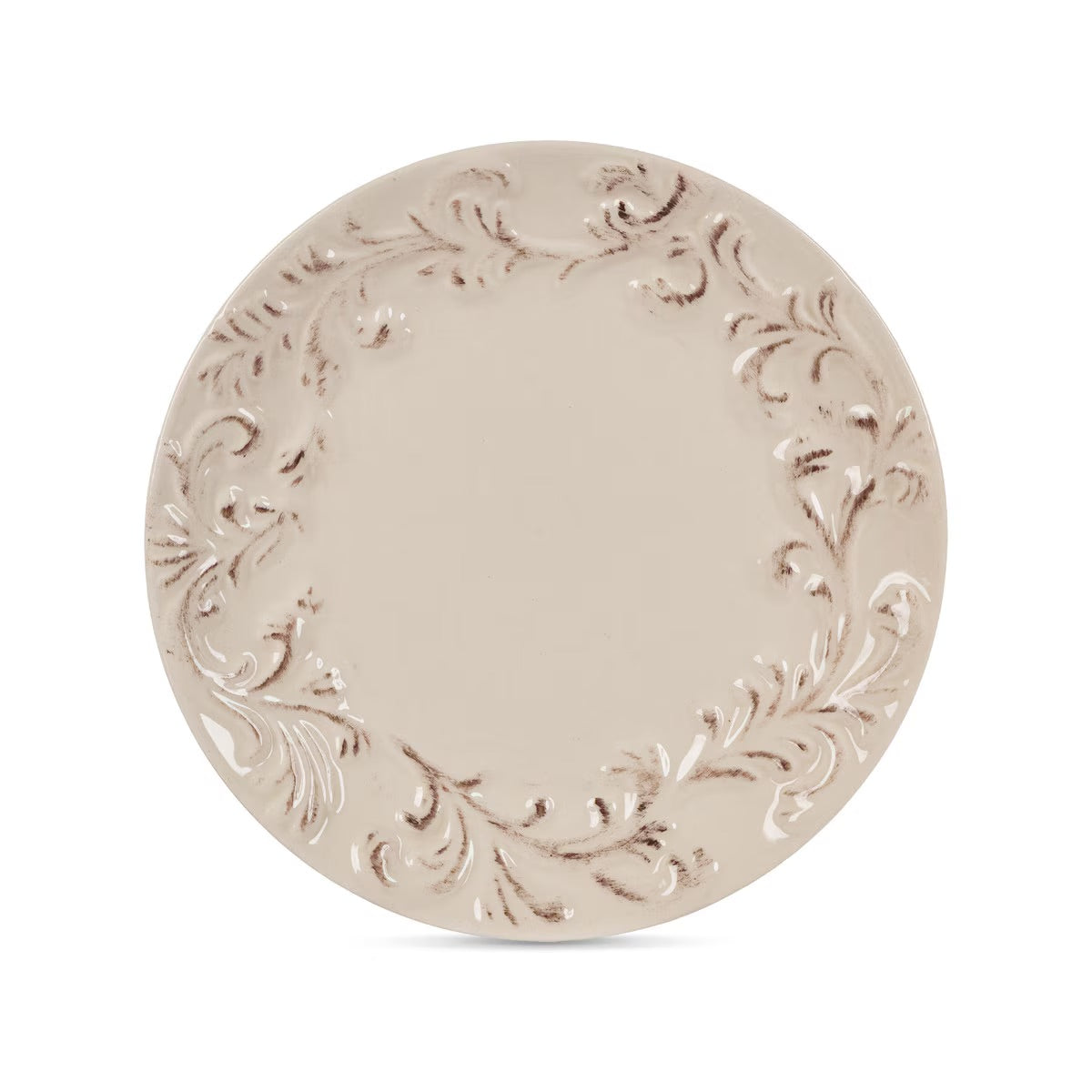 Acanthus Estate embossed stoneware dinner plate.