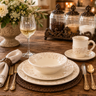 A beautifully styled table setting featuring a cream-colored embossed ceramic dinnerware set with a charger plate, matching bowl, cup and saucer, gold-toned cutlery, a glass of white wine, and a floral centerpiece on a rustic wooden table.