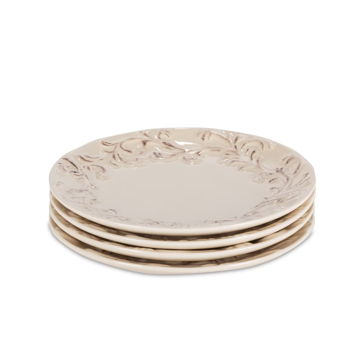 Acanthus Estate embossed stoneware dinner plate stack