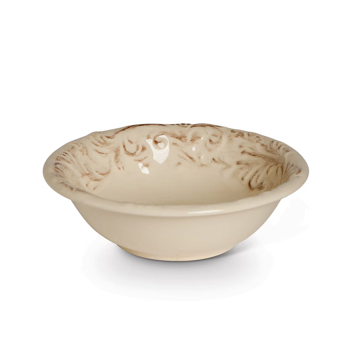 Beige ceramic bowl with floral embossed patterns on a white background