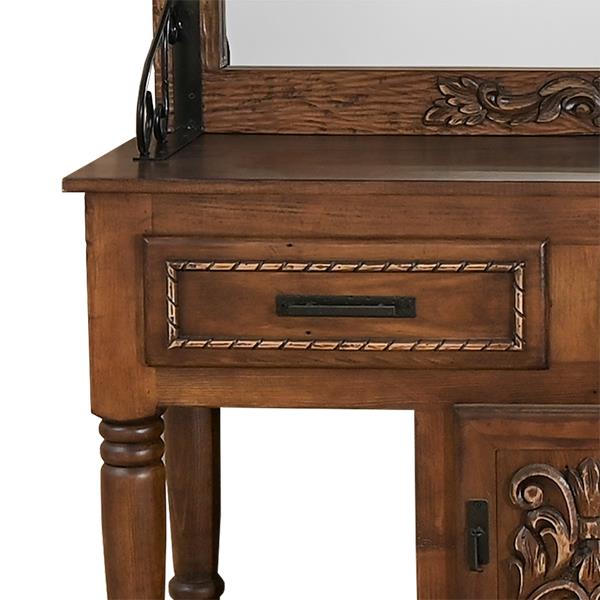 Hand-carved Western console cabinet with rustic wood finish, iron accents, and mirror