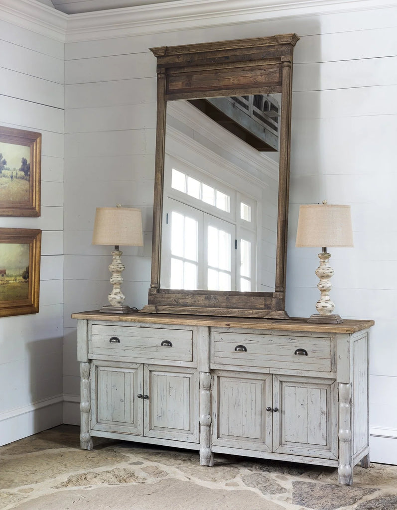 Farmhouse room setting with sideboard, lamps and large mirror - Your Western Decor
