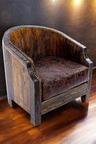 Rustic Alamo barrel accent chair in natural wood, brindle cowhide, and tooled leather - Your Western Decor