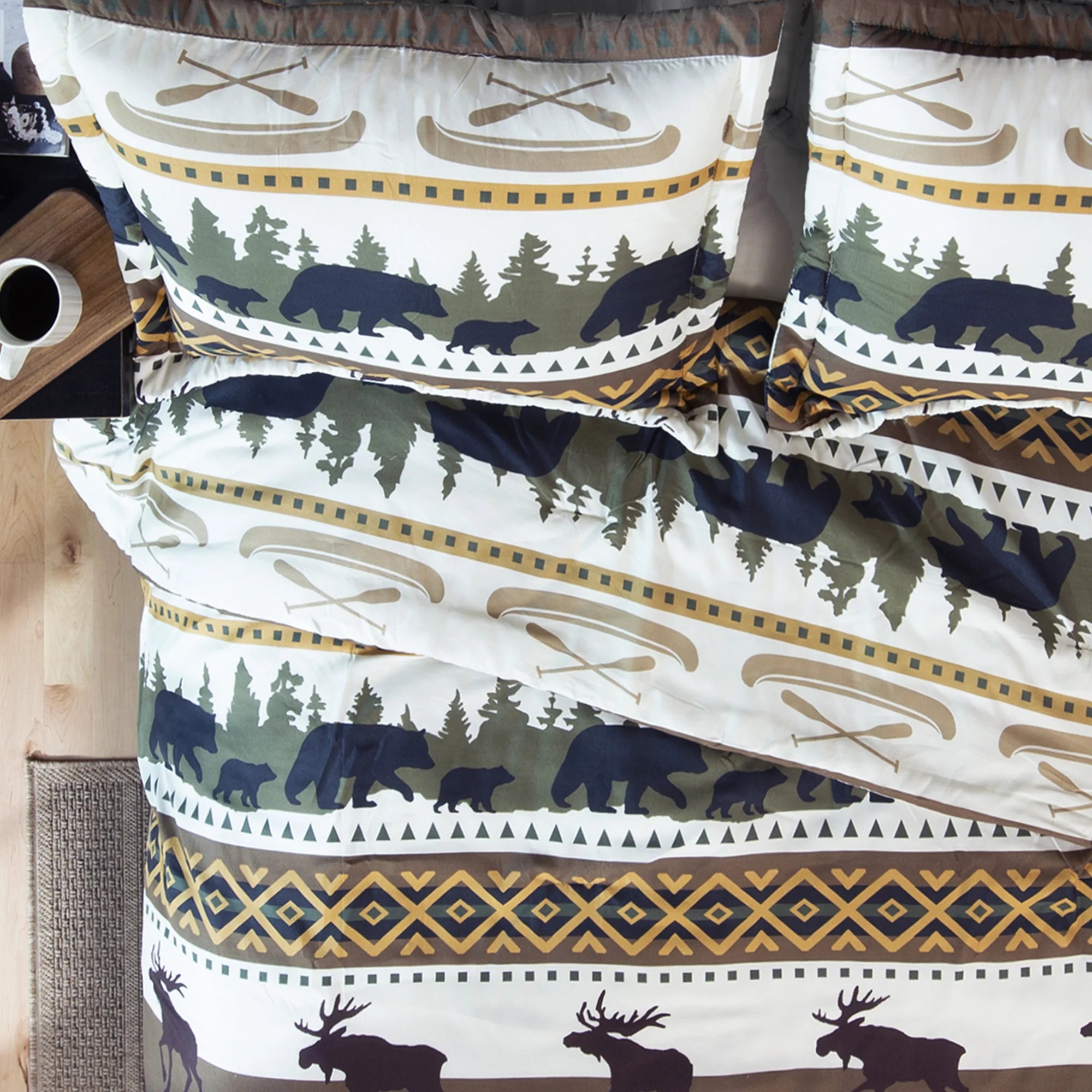 Alaskan Trails Comforter Set with moose, bear, canoes, and trees in brown, black and green over white - Your Western Decor