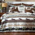 Alaskan Trails Comforter Set with moose, bear, canoes, and trees in brown, black and green over white - Your Western Decor