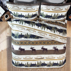 Alaskan Trails Comforter Set with moose, bear, canoes, and trees in brown, black and green over white - Your Western Decor