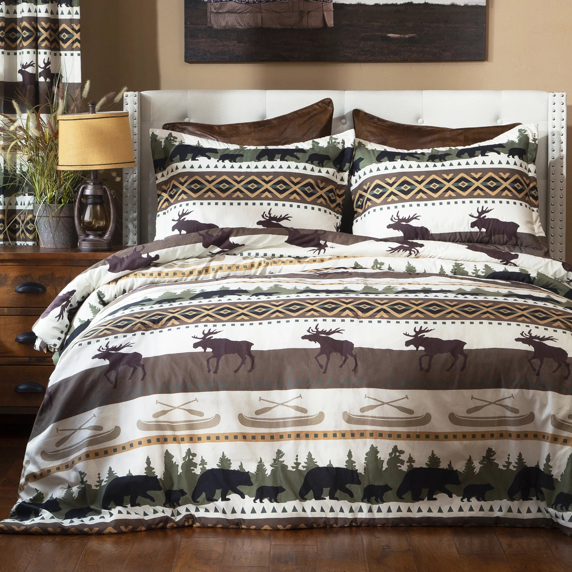 Alaskan Trails Comforter Set with moose, bear, canoes, and trees in brown, black and green over white - Your Western Decor