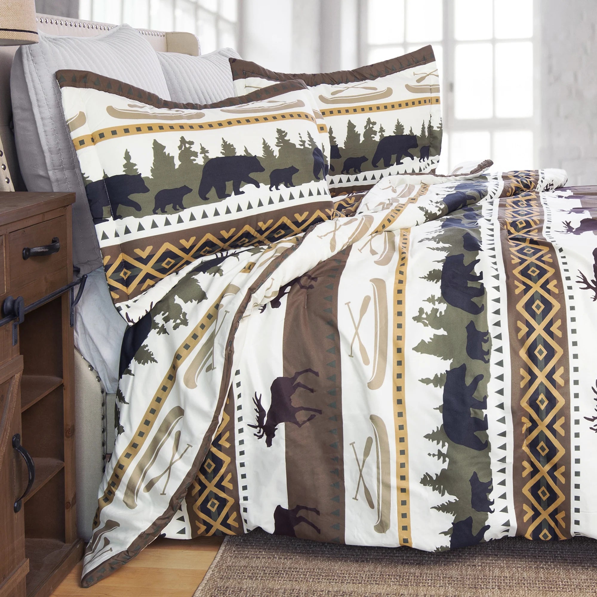 Alaskan Trails Comforter Set with moose, bear, canoes, and trees in brown, black and green over white - Your Western Decor