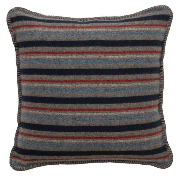 Alpine stripe fabric pillow in grey, black, blue, white, and red with blanket stitch - Your Western Decor