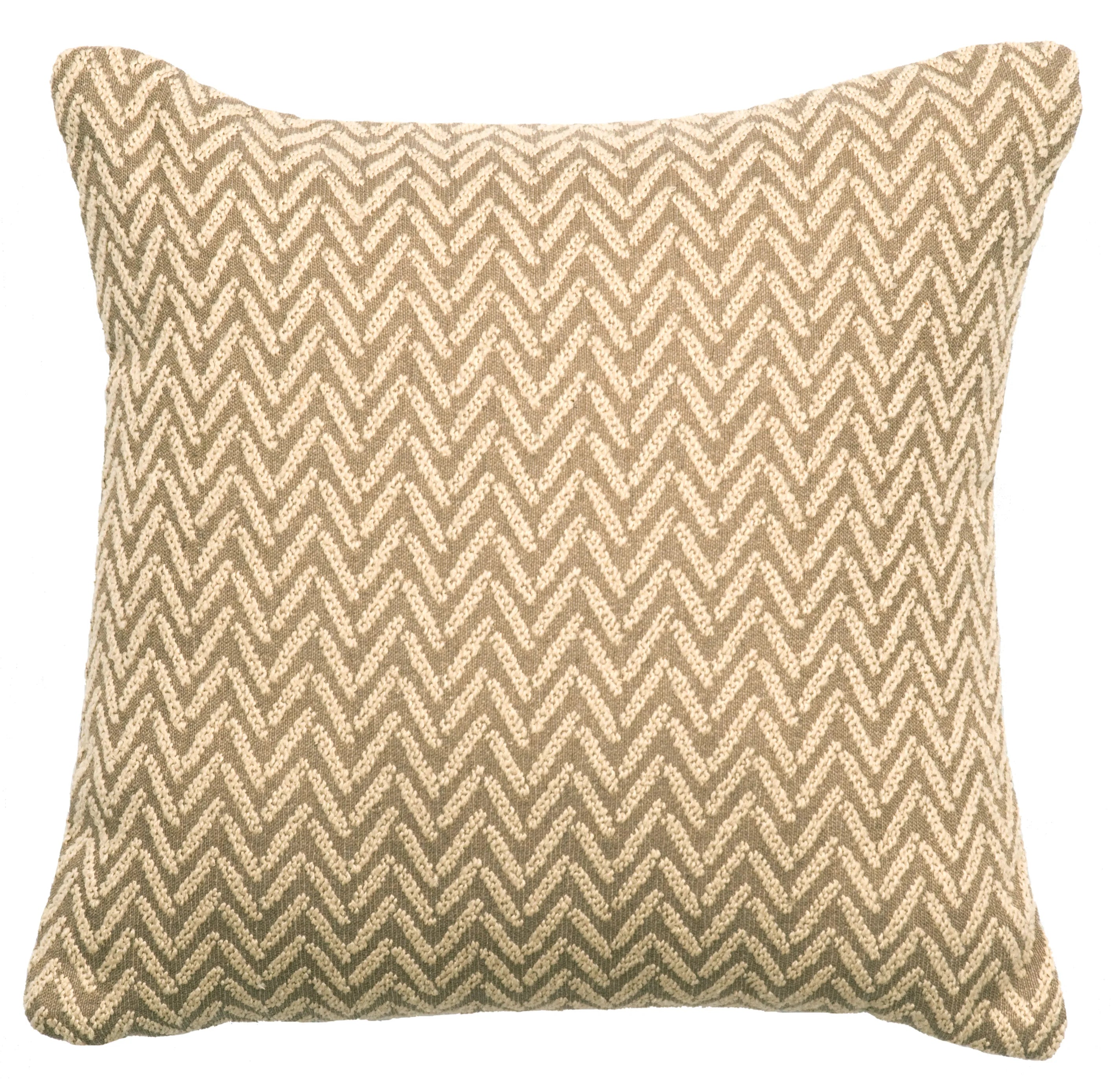 A square throw pillow featuring a woven chevron pattern in beige and brown, shown against a plain white background.