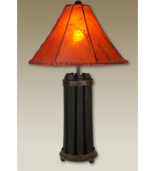 Rustic whiskey barrel stave table lamps with amber rawhide lamp shade