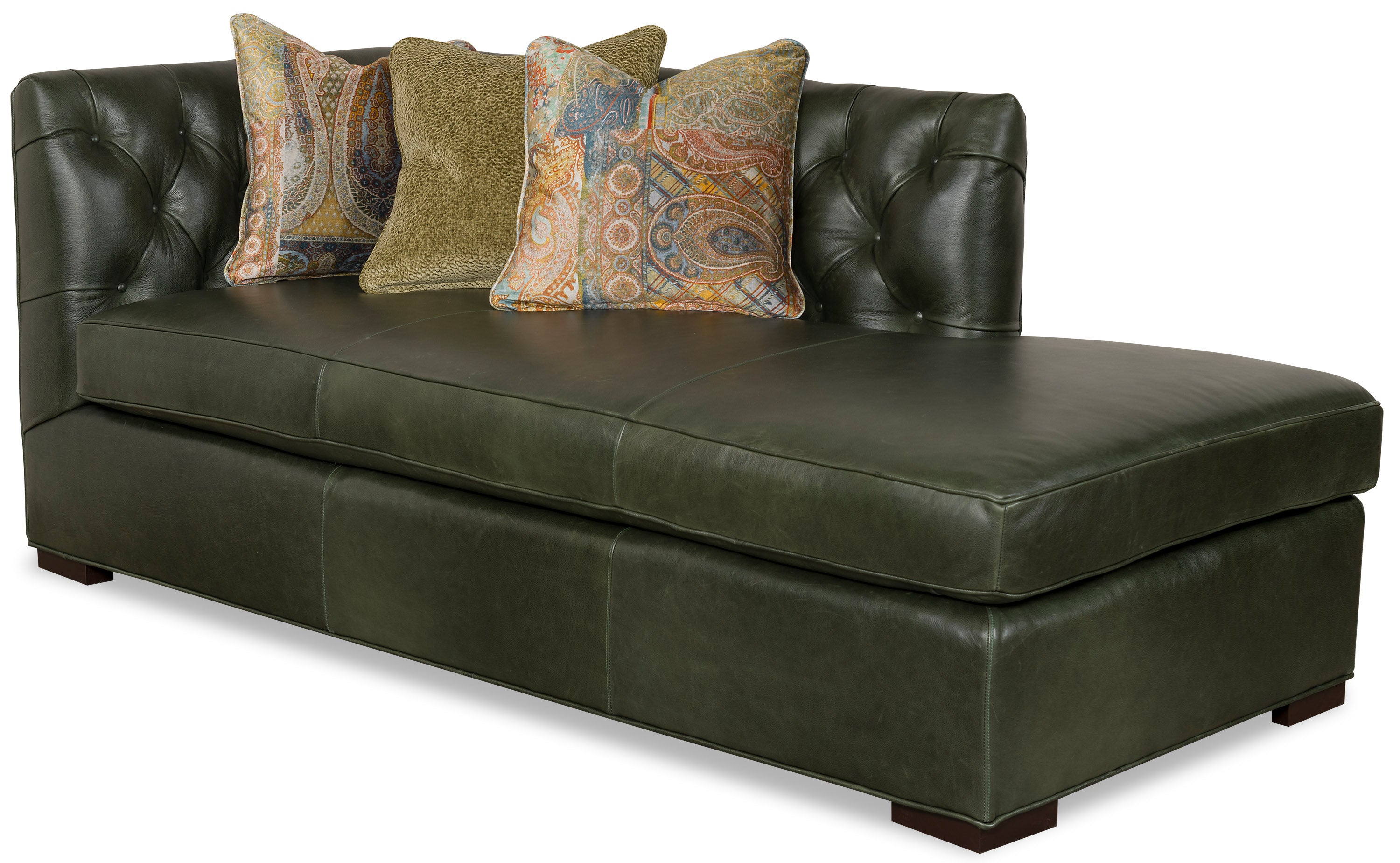 Tufted green leather daybed with 3 accent pillows 
